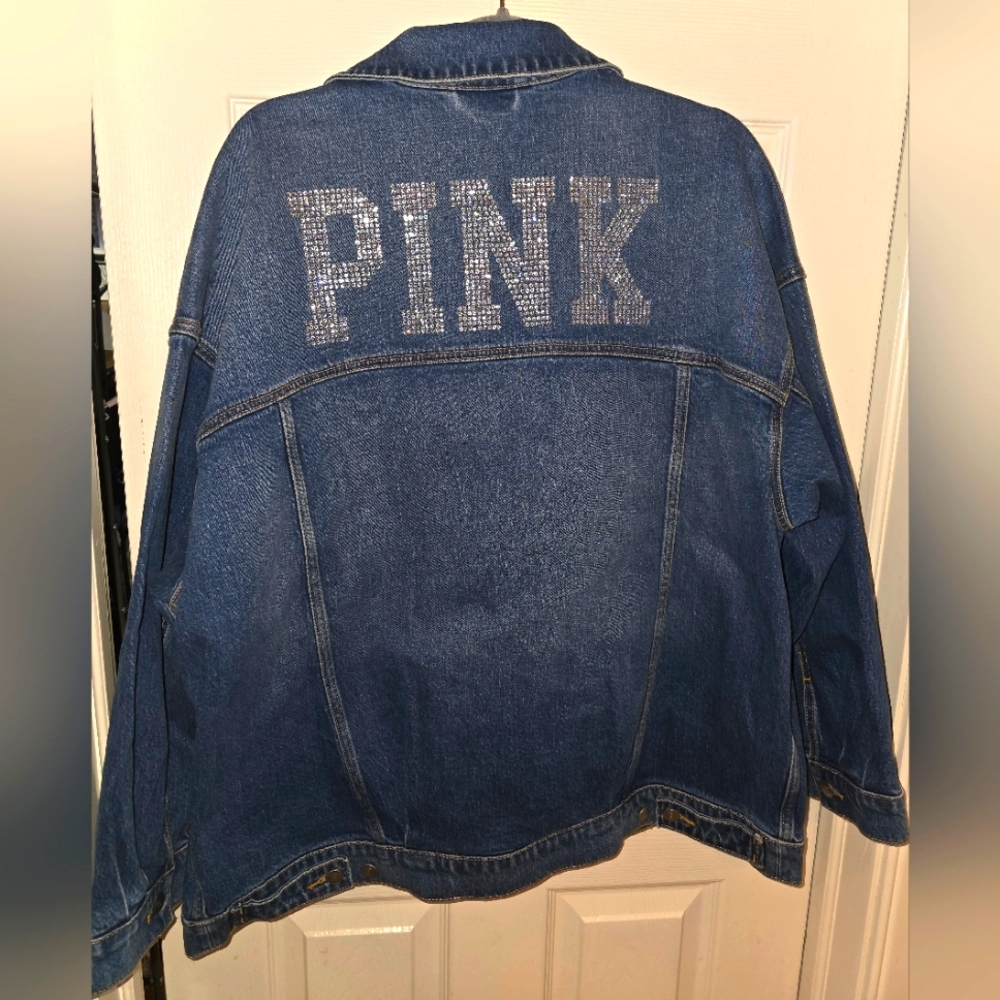 Victorias Secret PINK Denim Jean Jacket BLING rhinestone PINK Logo oversized XL